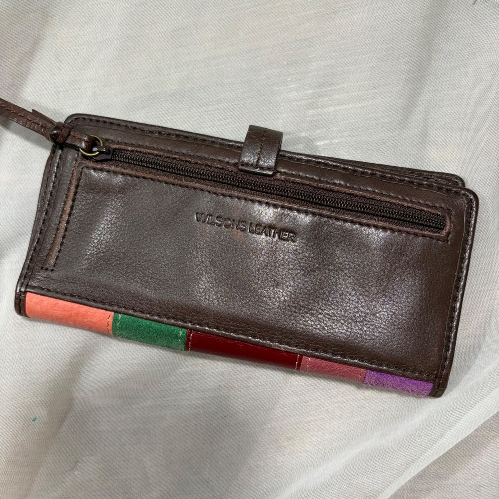 Y2K Boho Wilsons Leather Patchwork Bifold Wallet Multi Color Suede Slim Organize - Picture 3 of 6